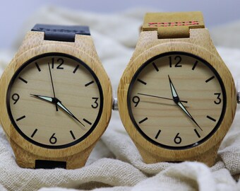 Engraved Bamboo Wood Watch: Personalized Leather Band