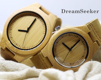 COUPLES Engraved Minimalist Wooden Watch with Genuine Leather, Mens watch, engraved fathers day gift, Thanks giving sale!