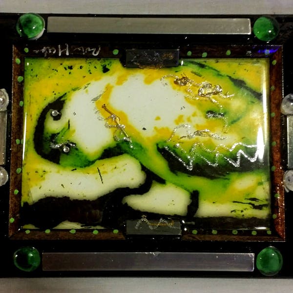 Ortiginal; photography, computer graphics by artist, wooden framed stainless steel and glass tile  "Sebastian Finneas seagull I (green)