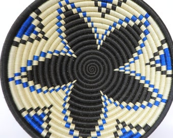 African Wall Basket, Rwanda baskets, African Woven basket, Ntare. Blue, white and black