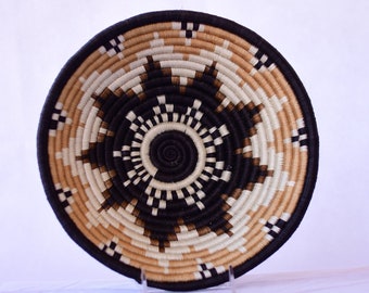 Najuma Large African Wall Basket, 12" African Woven basket, Rwanda Baskets. Black, Honey and White