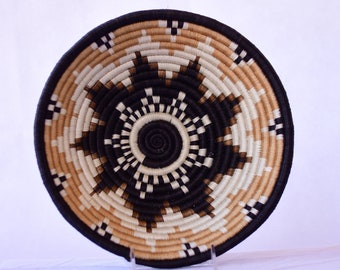 Large African Woven Wall Basket: Black, Honey & White, 12&quot; Boho Decor
