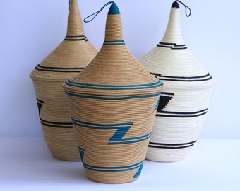 Africa basket / Rwanda Basket / African basket with a lid / African woven basket / Agaseke / African baskets  / Woven basket. Teal and tan