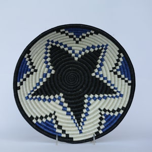 African Woven Wall Basket: Blue, White & Black Sisal, Rwanda Decor