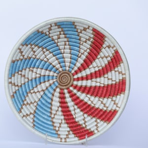 Bimaliya African Wall Basket, Rwanda baskets, African Woven basket. White, blue and red