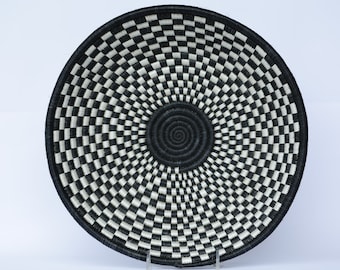 African Woven Wall Basket: Black and White Sisal, Rwanda Decor