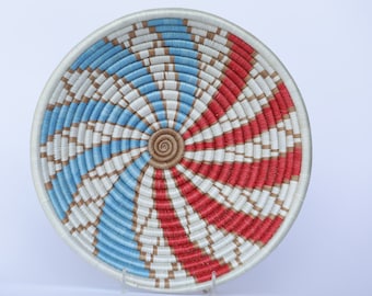 Bimaliya African Wall Basket, Rwanda baskets, African Woven basket. White, blue and red