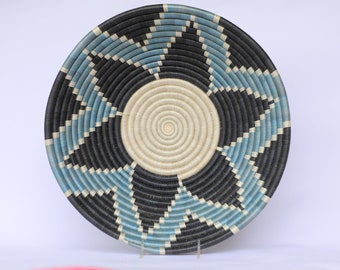 Ibisi African Wall Basket, Rwanda baskets, 14" African Woven basket,  Sky blue and Black