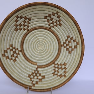 Woven Basket, 16&quot; Rwanda Basket, Ziho African Basket, White and Tan