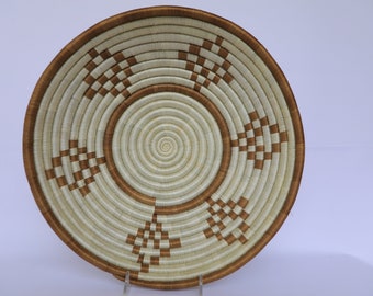 Woven Basket, 16" Rwanda Basket, Ziho African Basket, White and Tan