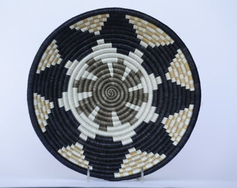 Twaza African Wall Basket, Rwanda baskets, African Woven basket,  White, Black and Yellow