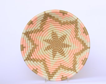 Byose Medium African Basket, 10"  Wall Decor. Rwanda Basket, White, Tan and Pink