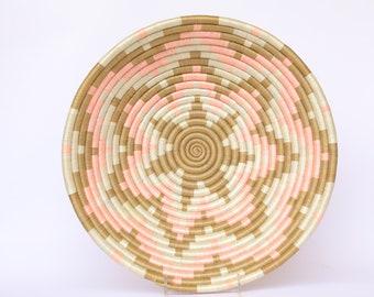 Byose African Basket, Wall Decor. Rwanda Basket, White, Tan and Pink