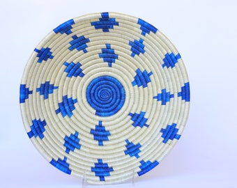 African Wall Basket, Medium Rwanda baskets, African Woven basket, Susuruka 10 inches.  Blue and white