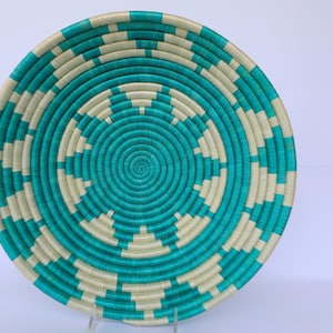 Woven Basket, Rwanda Basket, African Basket. 16 inches. Nevesita Green and white