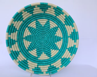 Woven Basket, Rwanda Basket, African Basket. 16 inches. Nevesita Green and white