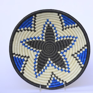 African Wall Basket, Medium Rwanda baskets, African Woven basket, Ntare 10 inches.  Blue, Black and white