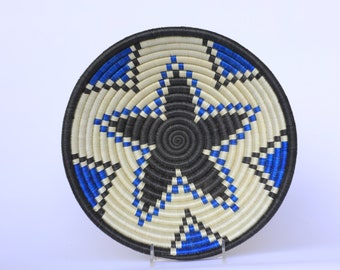 African Wall Basket, Medium Rwanda baskets, African Woven basket, Ntare 10 inches.  Blue, Black and white