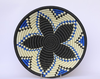 African Wall Basket, Large Rwanda baskets, African Woven basket, 12" Ntare.  Blue, Black and White