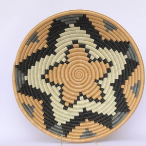 Kato Large African Wall Basket, 12&quot; African Woven basket, Rwanda Baskets. Black, White and Brown