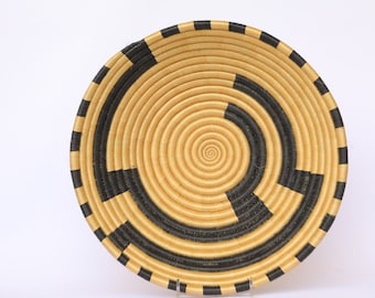 Kundana Large African Wall Basket, 12" African Woven basket, Rwanda Baskets. Black, White and Brown