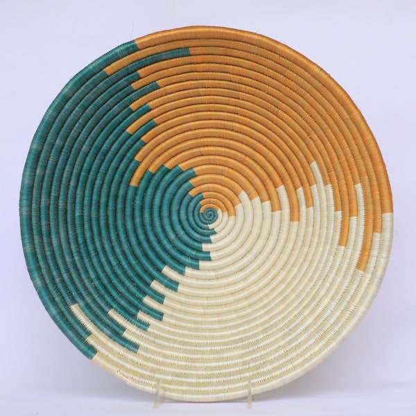 Nezerwa African Baskets, Rwanda baskets, Woven baskets 14". Teal, Brown and white