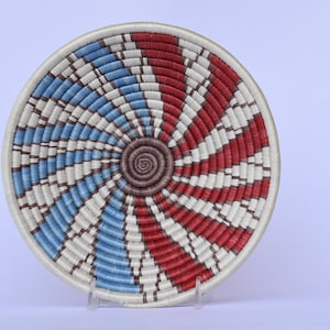 Bimaliya Medium African Basket, 10 Inches Rwanda Basket, White, blue and red
