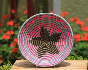 Nera African Wall Basket, Rwanda baskets, African Woven basket. Pink, Gray and dark brown