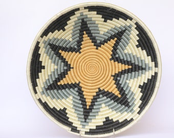 Large African Wall Basket, Kundi 12" African Woven basket, Rwanda Baskets. Black, White and Brown