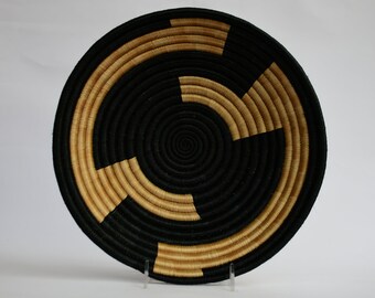 Nadira Large African Wall Basket, 12&quot; African Woven basket, Rwanda Baskets. Black and Brown