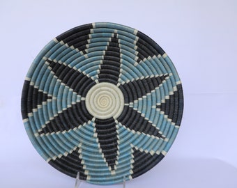 Ibisi African Wall Basket, Rwanda baskets, African Woven basket,  Sky blue and Black