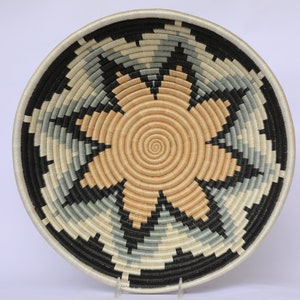 Kundi Woven Basket, 16&quot; Rwanda Basket, African Basket, White and Tan and black