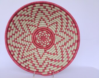 Susuruka 14" Wall decor. African Basket, Rwanda Basket, Cream and Pink