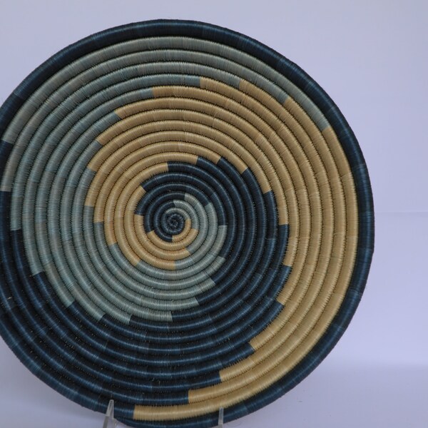 African Wall Basket, Rwanda baskets, 14" African Woven basket, Hamaki Sky blue, blue and brown