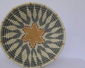 Hafiya Extra African Wall Basket, 16" Rwanda baskets, African Woven basket,Wall decor. Tan, Gray and White