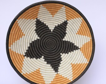 Izihi Woven Basket, 16" Rwanda Basket, African Basket, White and Tan and black