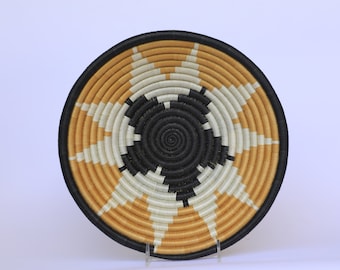 Small African Basket, 8 Inches Rwanda Basket, Izihi Tan, Black and White