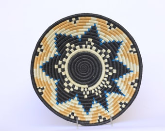 10" Woven Wall basket, African Basket, Rwanda Basket, Niteo. Brown, White, Black and Blue