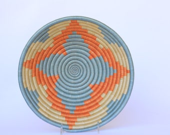 African Basket, Wall basket, Decor Rwanda Basket, Sebo. Orange, Tan and Grey