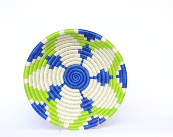 Small African Wall Basket, Rwanda baskets, African Woven basket 8", Ngenda.  Blue. white and Green