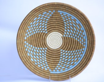 Tase African Wall Basket, Rwanda baskets, African Woven basket, brown and and teal