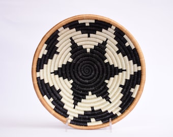 Tabia Medium African Basket, 10 Inches Rwanda Basket, Black, White and Tan