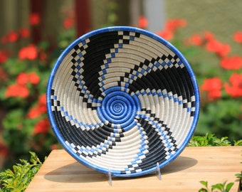 Liki African Wall Basket, Rwanda baskets, African Woven basket, blue, white and black