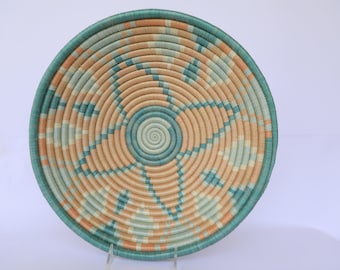 Yaha African Wall Basket, 14" Rwanda baskets, African Woven basket,  Teal and tan