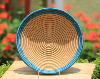 Handwoven African Wall Basket: Brown & Teal Nzuki Rwanda Basket