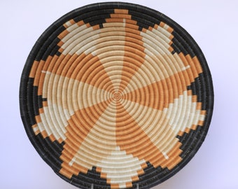 Uwase Woven Basket, 16" Rwanda Basket, African Basket, White and Tan and black