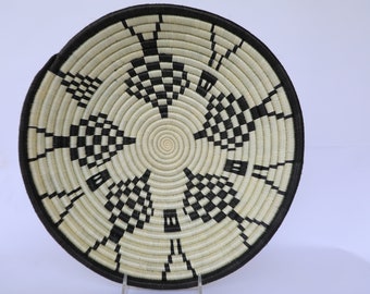 African basket, 16" Rwanda Basket,  Igloo Wall baskets, Woven Bowl. Black and White