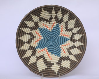 Kubi Large 14" African Wall Basket, Rwanda baskets, African Woven basket, blue and brown