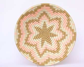 Byose Large African Basket, 12"  Wall Decor. Rwanda Basket, White, Tan and Pink