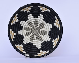 Twaza Medium African Basket, 10 Inches Rwanda Basket, White, Black and Yellow